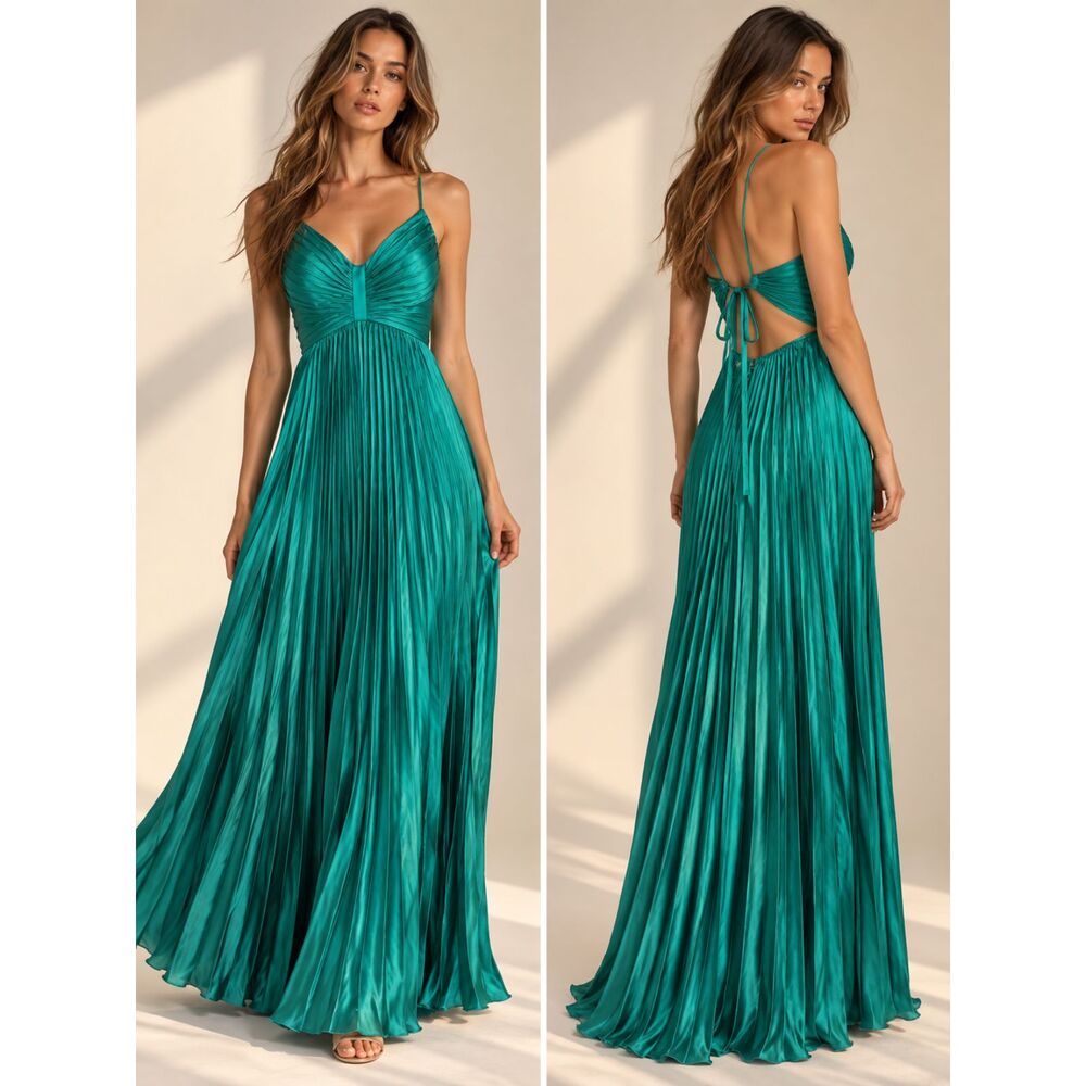 Lulus Dreaming in Color Green Pleated Satin Maxi Dress Open Back Formal L